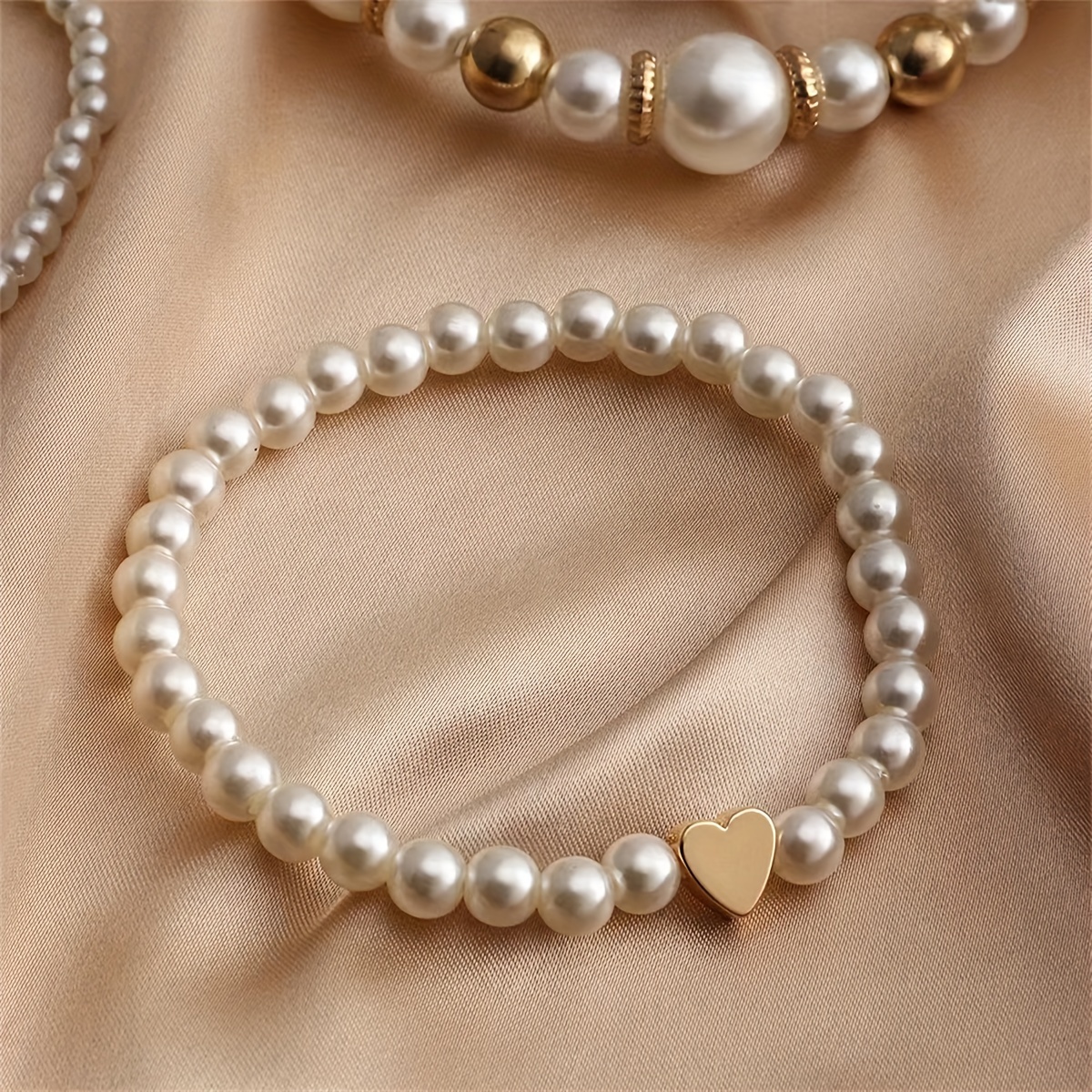 4pc white faux pearls beads beaded bracelet set niche design stackable hand string jewelry details 2