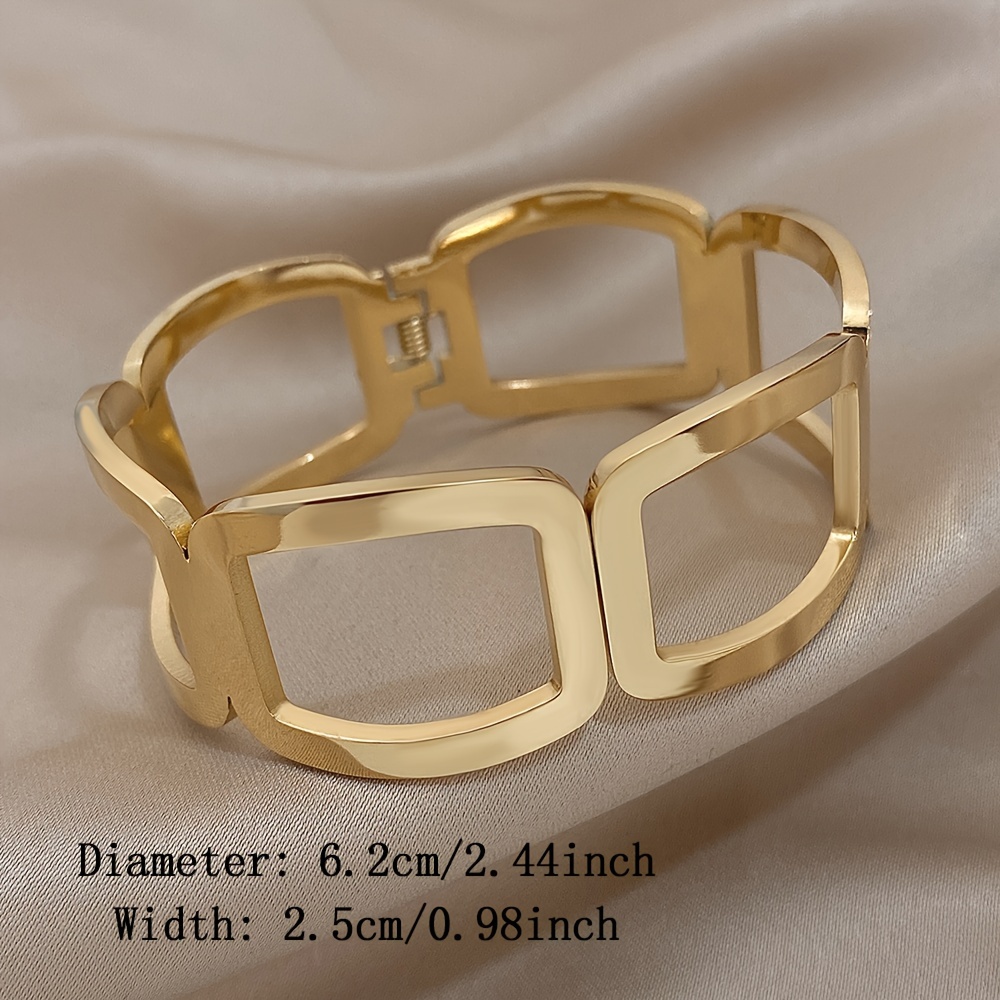 chic golden tone stainless steel bangle with unique irregular hollow geometric design for women perfect for ages 14 bohemian earrings for women bangles for women details 1