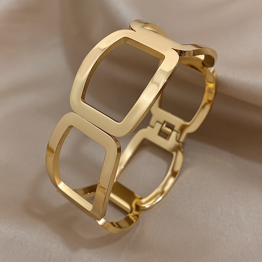 chic golden tone stainless steel bangle with unique irregular hollow geometric design for women perfect for ages 14 bohemian earrings for women bangles for women details 3