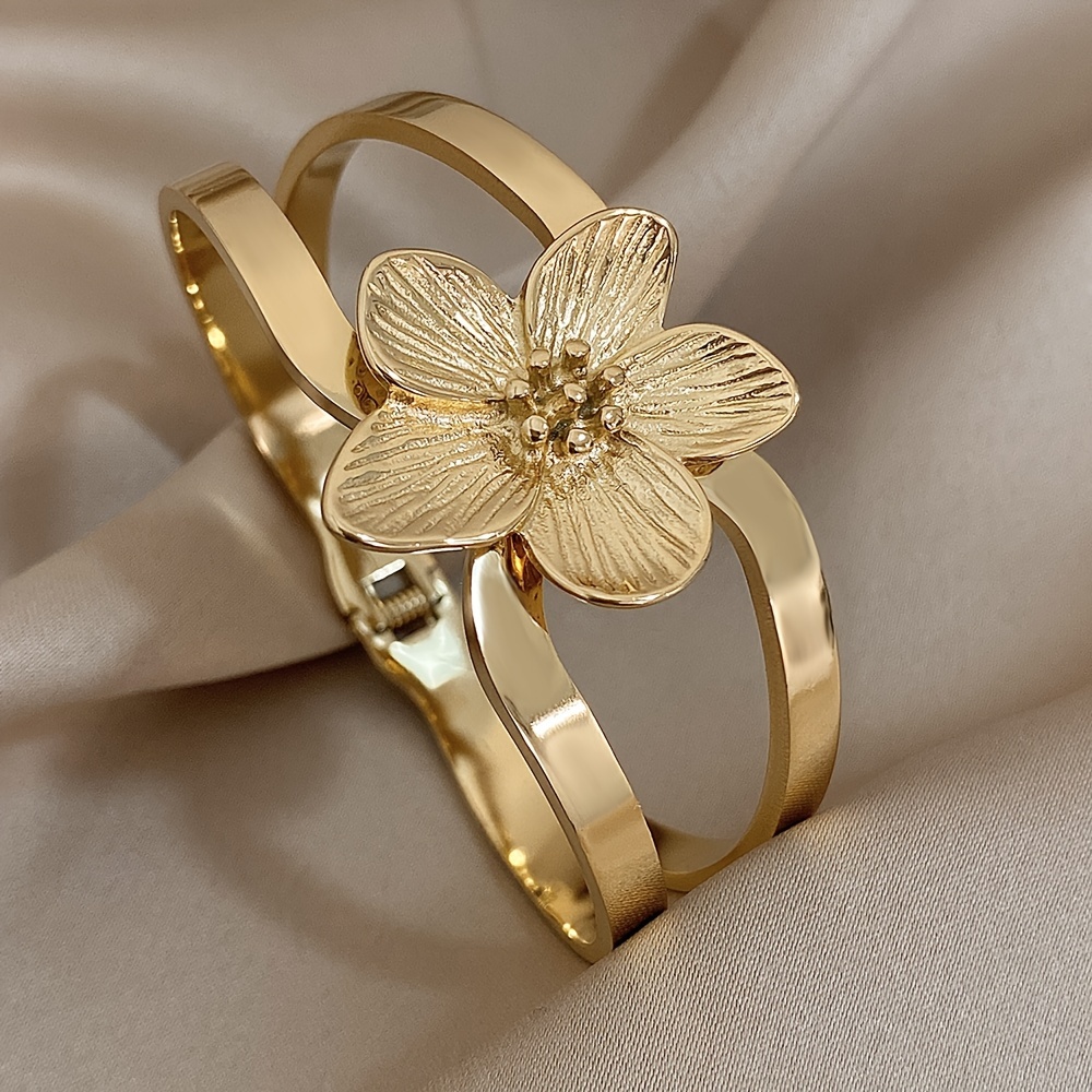 18k gold plated vintage stainless steel bangle elegant five petal flower cuff chic waterproof jewelry gift for women details 0