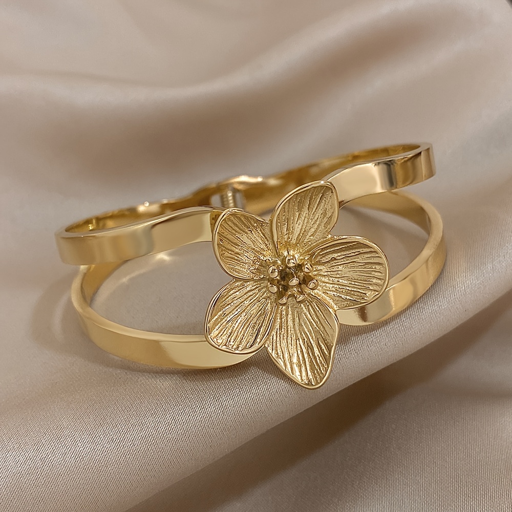 18k gold plated vintage stainless steel bangle elegant five petal flower cuff chic waterproof jewelry gift for women details 1