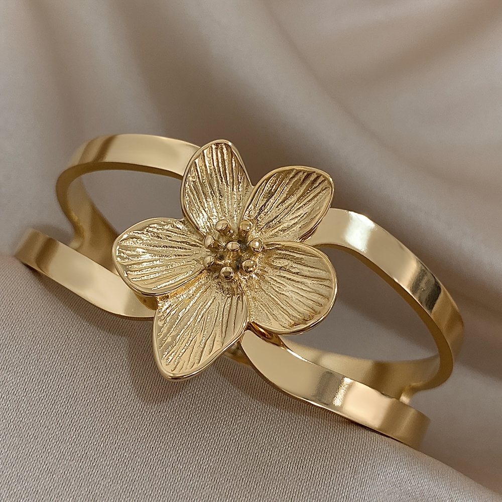 18k gold plated vintage stainless steel bangle elegant five petal flower cuff chic waterproof jewelry gift for women details 2