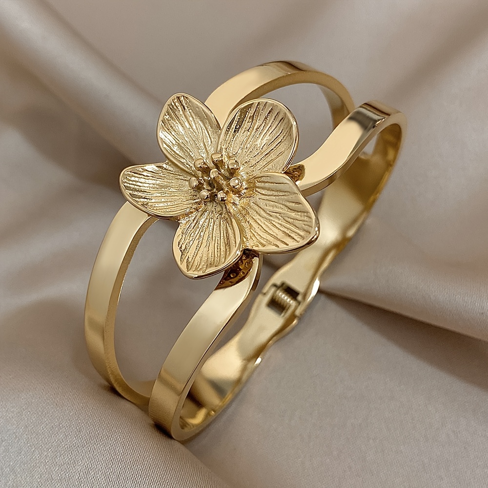 18k gold plated vintage stainless steel bangle elegant five petal flower cuff chic waterproof jewelry gift for women details 3