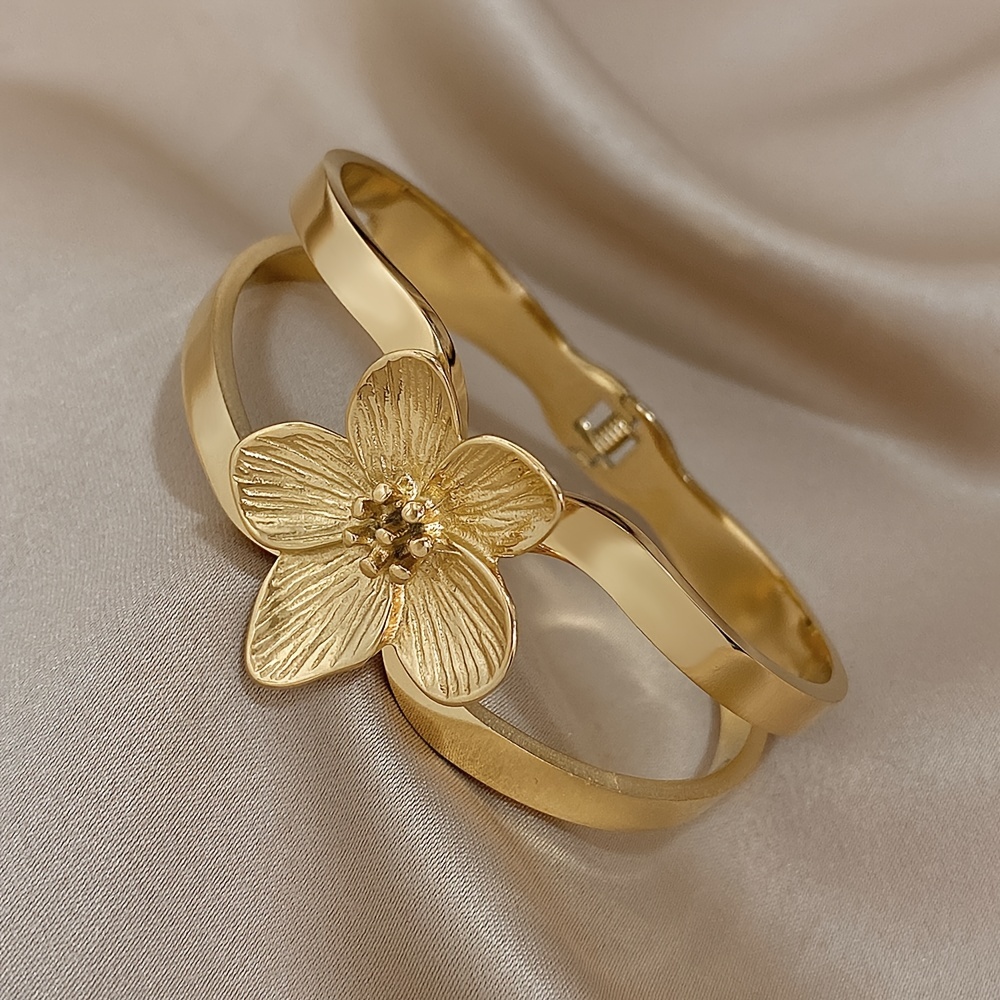 18k gold plated vintage stainless steel bangle elegant five petal flower cuff chic waterproof jewelry gift for women details 4