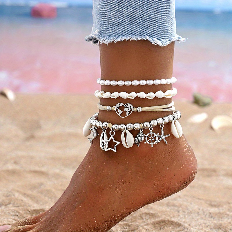 4 pcs set ocean style imitation pearl shell chain hollow heart   pendant womens anklet set beach holiday beach party summer gift details 4