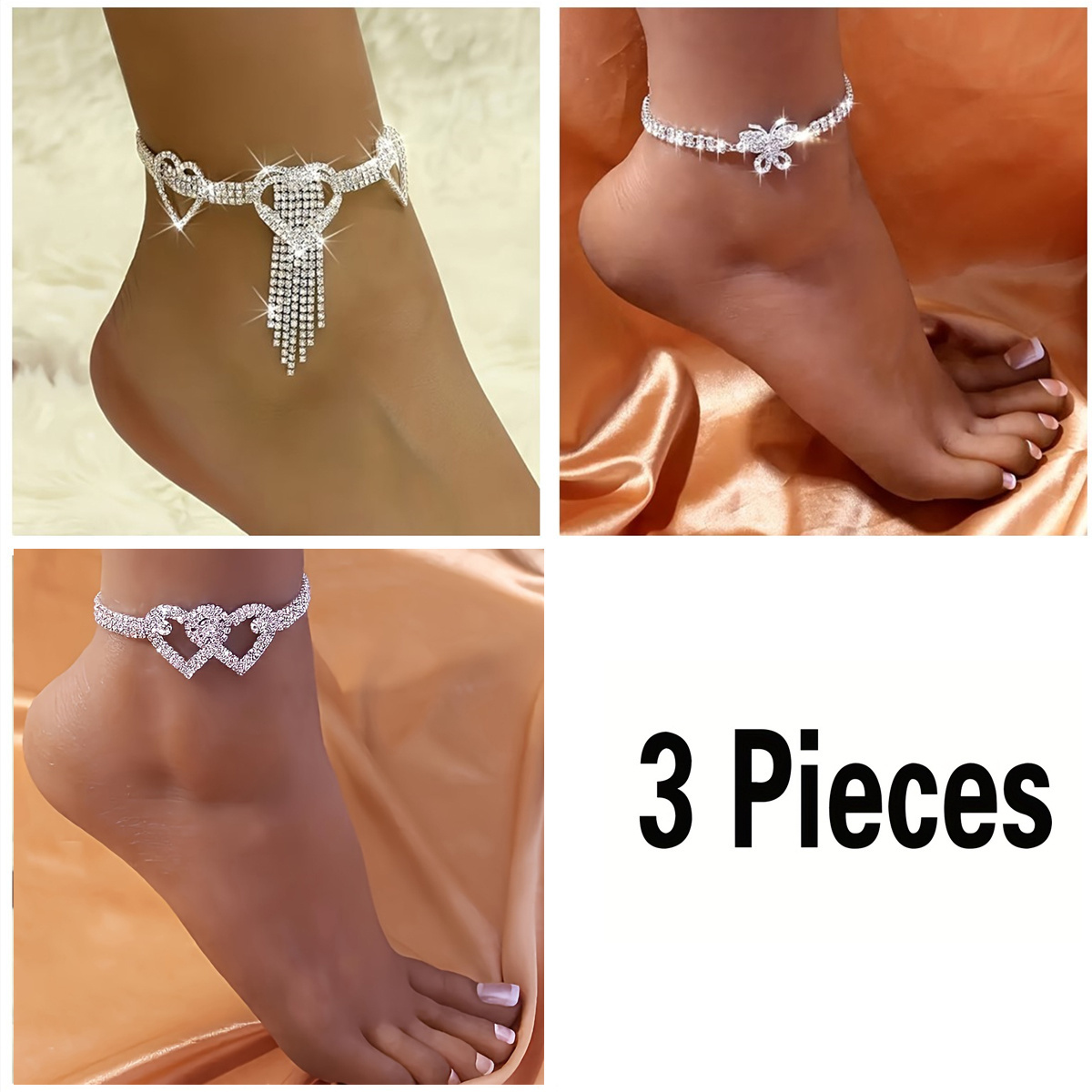 3pcs long tassel hollow love heart claw chain anklet inlaid shiny rhinestone foot jewelry decoration details 0