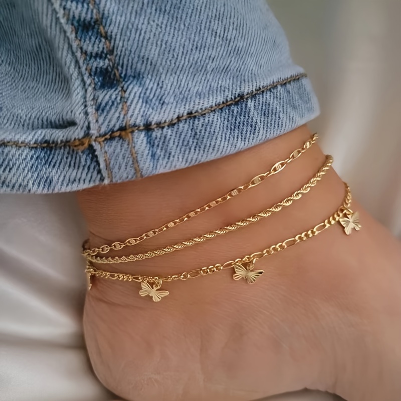 3 Pieces Elegant Simple Butterfly Women's Golden Anklet Gift Party details 3