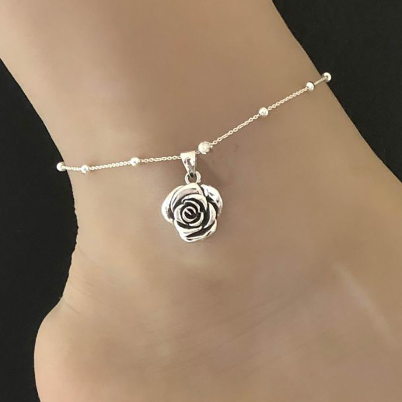 Elegant Rose Charm Anklet - Silvery-Tone Beaded Ankle Bracelet, Perfect for Beach & Party Wear, Alloy Fashion Jewelry Gift details 1