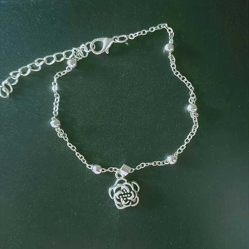 Elegant Rose Charm Anklet - Silvery-Tone Beaded Ankle Bracelet, Perfect for Beach & Party Wear, Alloy Fashion Jewelry Gift details 2