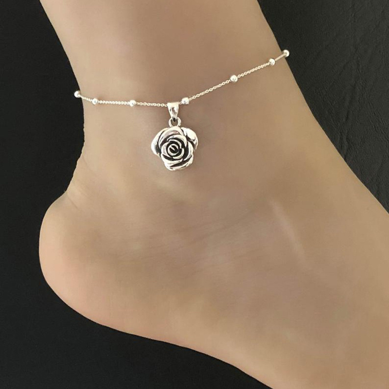 Elegant Rose Charm Anklet - Silvery-Tone Beaded Ankle Bracelet, Perfect for Beach & Party Wear, Alloy Fashion Jewelry Gift details 3