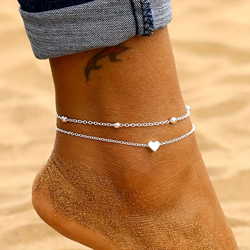 2pcs/Set Alloy Adjustable Heart Bead Anklet, Summer Beach Vacation Trendy Silvery & Golden Ankle Bracelets, Simple Style Foot Jewelry For Women, Perfect Gift For Daily Wear & Graduation Season details 0