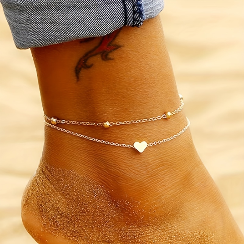 2pcs/Set Alloy Adjustable Heart Bead Anklet, Summer Beach Vacation Trendy Silvery & Golden Ankle Bracelets, Simple Style Foot Jewelry For Women, Perfect Gift For Daily Wear & Graduation Season details 3