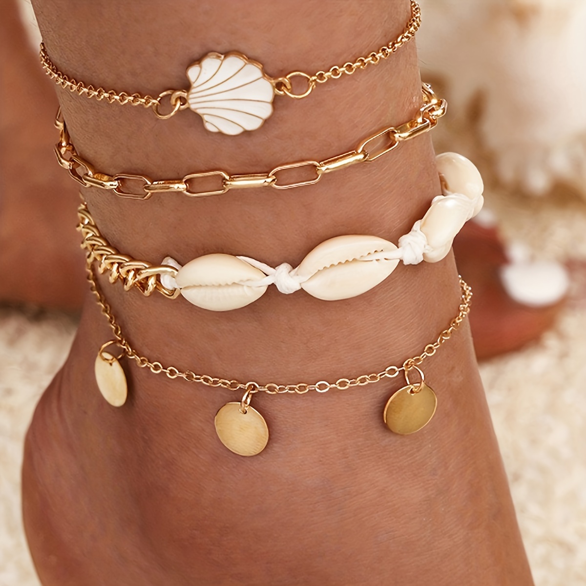 4pc Set, Elegant Ladies Anklets With Shell Pendants, Multi-layer Ocean Style Foot Jewelry, Vacation Style, Adjustable Beach Accessories details 1