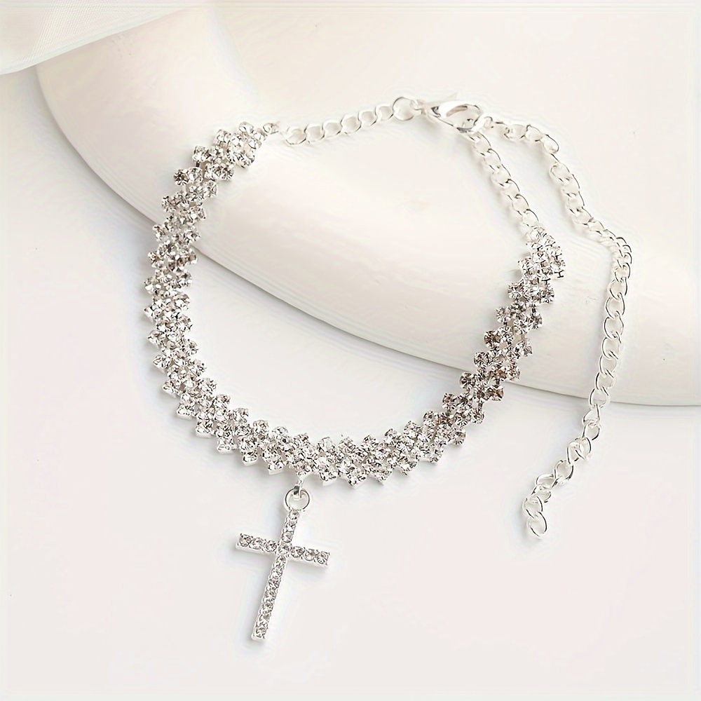 1pc Elegant Rhinestone Inlaid Cross Pendant Anklet, Zinc Alloy, Minimalist Sexy Style, Summer Beach Foot Chain Jewelry, Adjustable Size For Women details 3