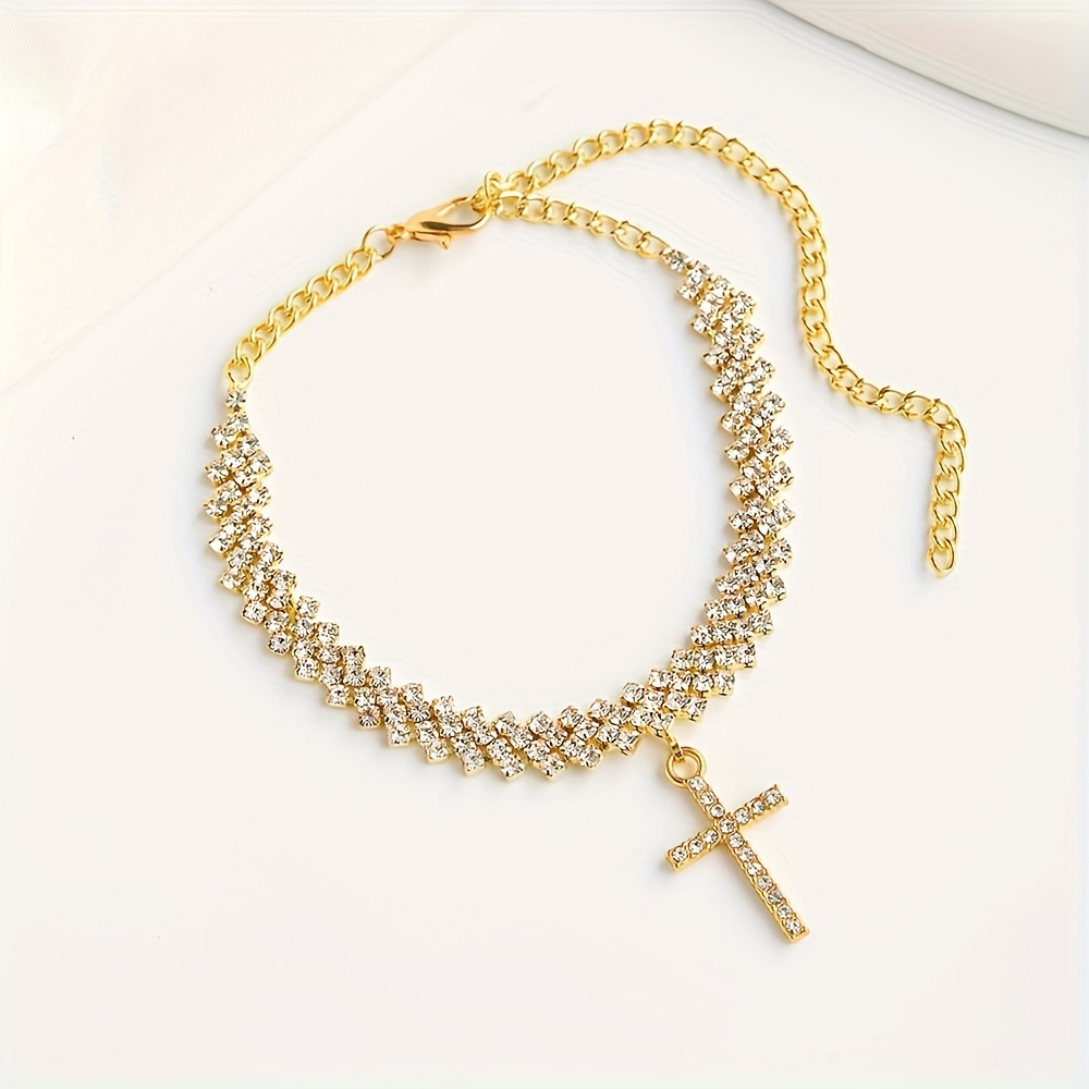 1pc Elegant Rhinestone Inlaid Cross Pendant Anklet, Zinc Alloy, Minimalist Sexy Style, Summer Beach Foot Chain Jewelry, Adjustable Size For Women details 5