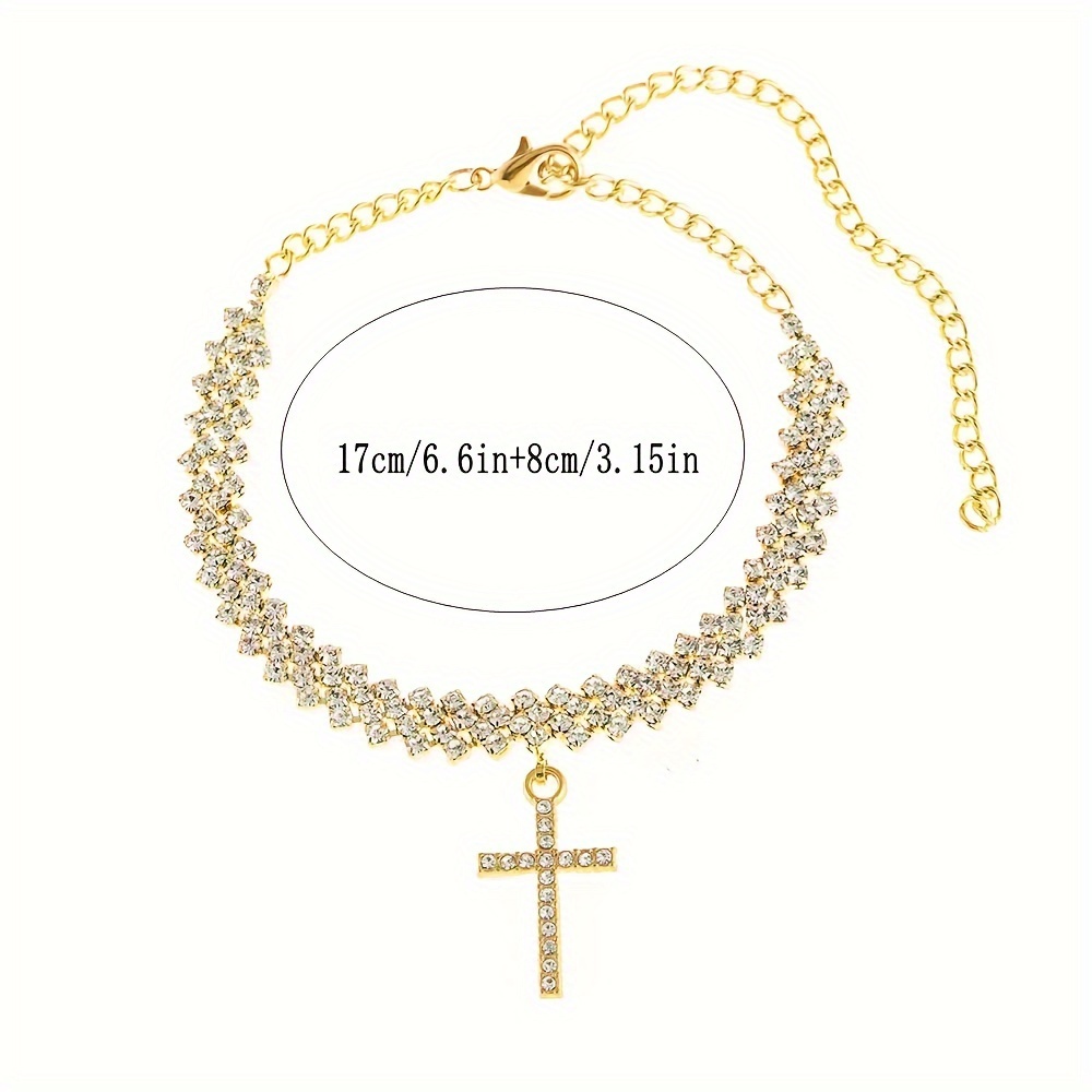 1pc Elegant Rhinestone Inlaid Cross Pendant Anklet, Zinc Alloy, Minimalist Sexy Style, Summer Beach Foot Chain Jewelry, Adjustable Size For Women details 6