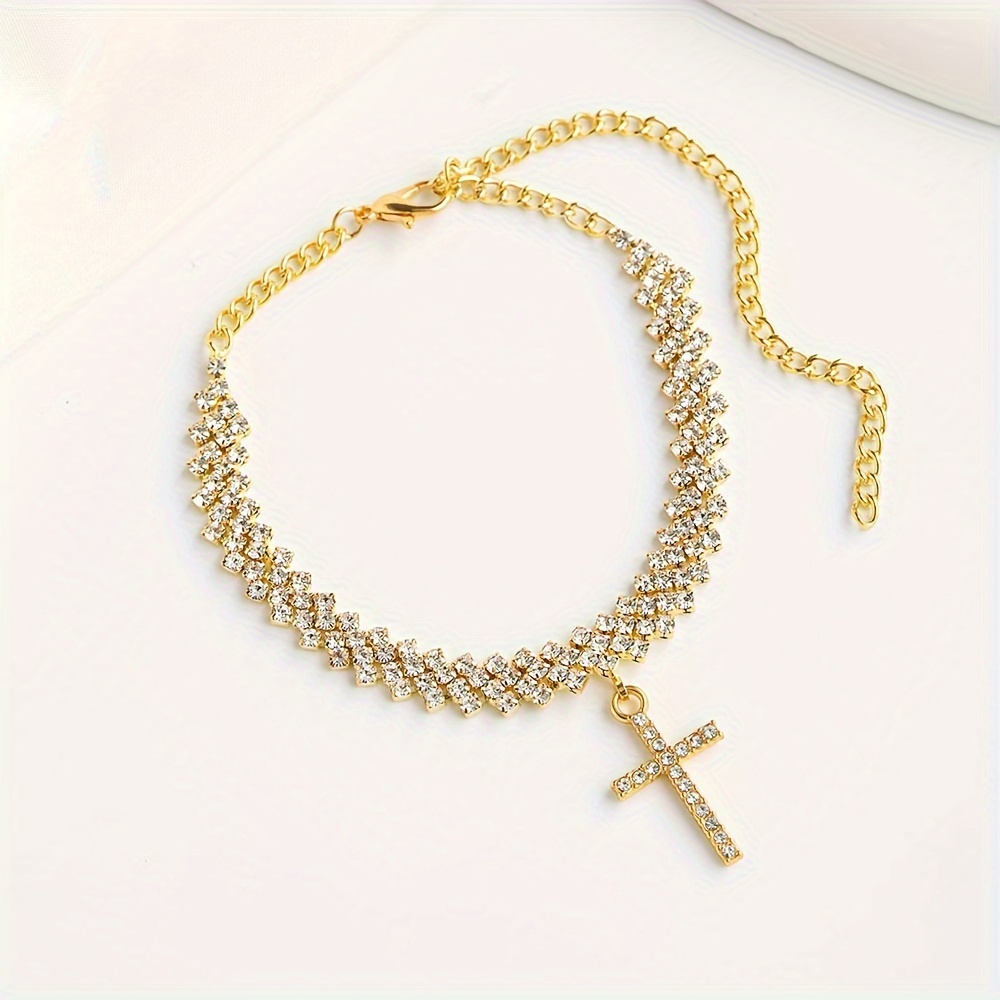 1 Pc Delicate Cross Pendant Anklet Zinc Alloy Jewelry With Shiny Rhinestones Inlaid Elegant Sexy Style Personality Summer Beach Foot Chain details 6