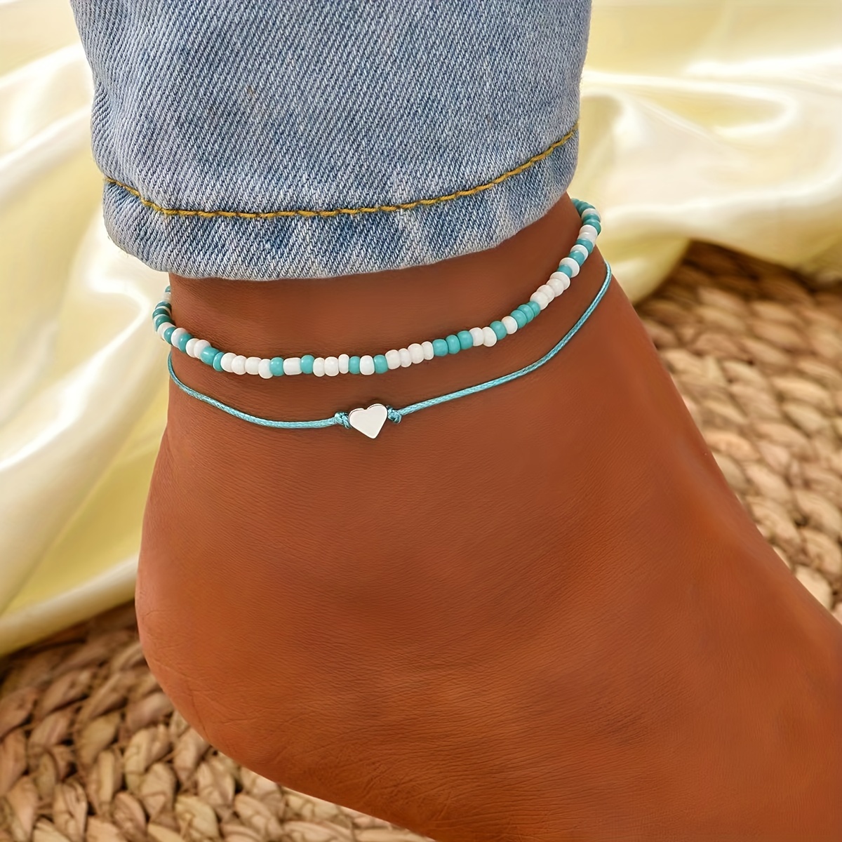 Boho-Chic Handcrafted Beaded Anklet Set with Heart Charm - Adjustable, Perfect for Beach & Casual Attire details 1