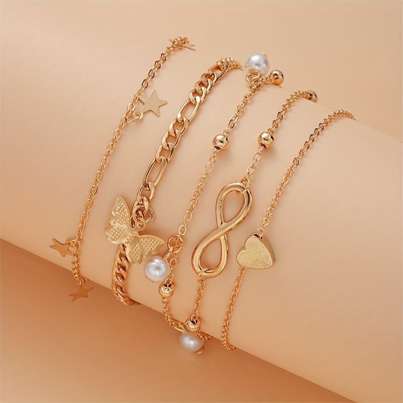 5-piece set of retro five-pointed butterfly care 8 figure multi-tiered ankle bracelet beach resort foot accessories details 4