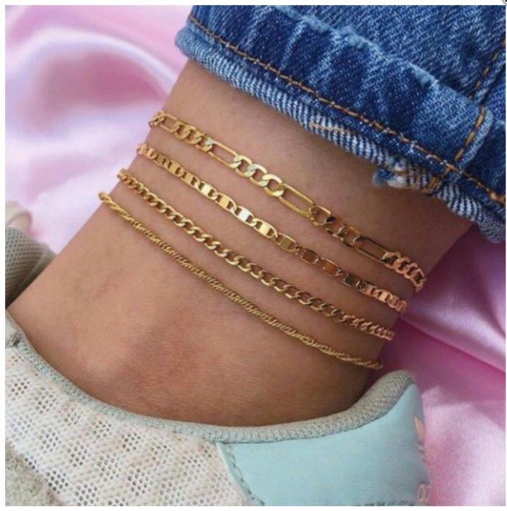 Simple Multilayer Chain Anklet Fashion Alloy Hollow Chain Ankle Bracelet 4 Pcs Summer Beach Style Jewelry Set details 0