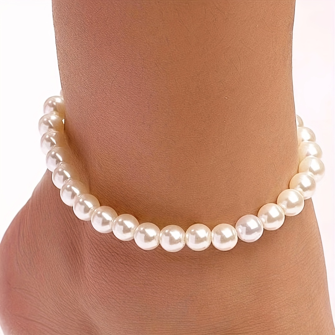 1pc Elegant White Faux Pearls Beads Beaded Anklet Temperament Lovely Ankle Bracelet details 1