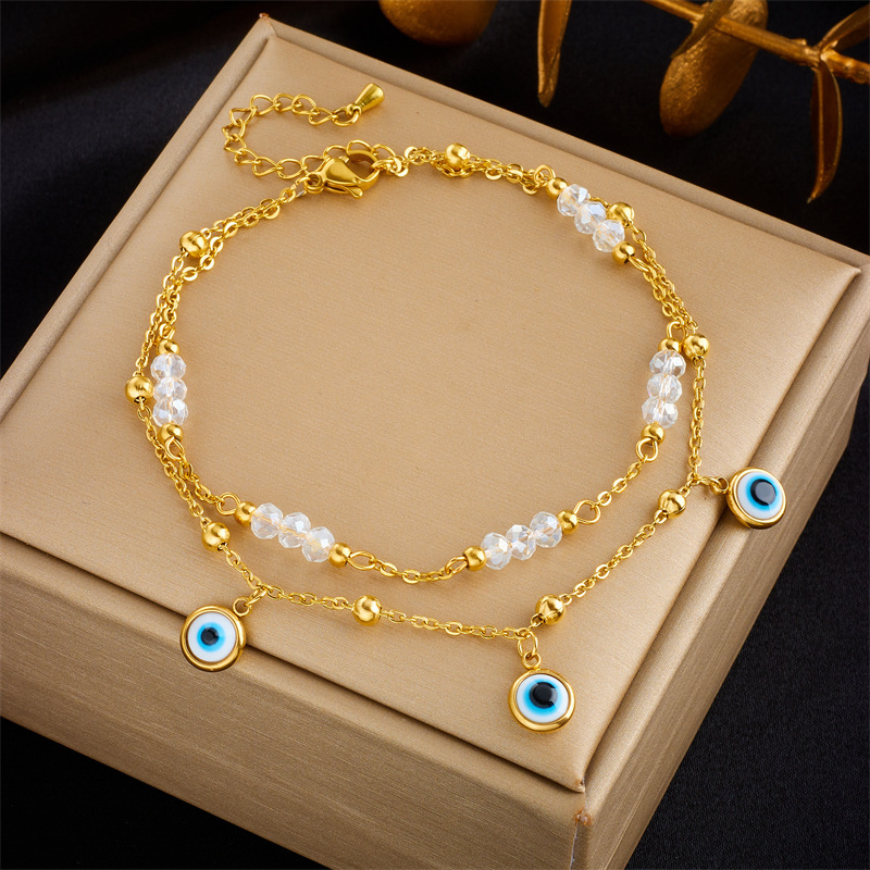 1pc Fashion Anklet For Girls, Double-layer Design, Stainless Steel Material, With Blue Eyes Pattern Pendants, Golden Color, Ideal Choice For Gift And Daily Wear details 0