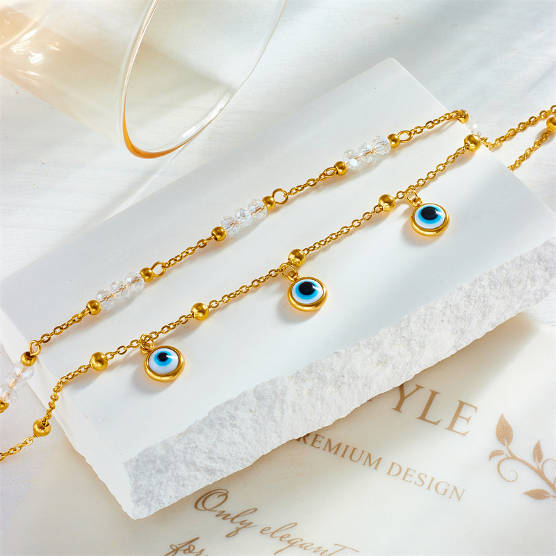 1pc Fashion Anklet For Girls, Double-layer Design, Stainless Steel Material, With Blue Eyes Pattern Pendants, Golden Color, Ideal Choice For Gift And Daily Wear details 2