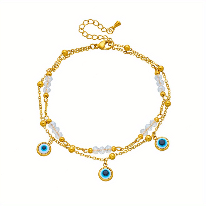 1pc Fashion Anklet For Girls, Double-layer Design, Stainless Steel Material, With Blue Eyes Pattern Pendants, Golden Color, Ideal Choice For Gift And Daily Wear details 4